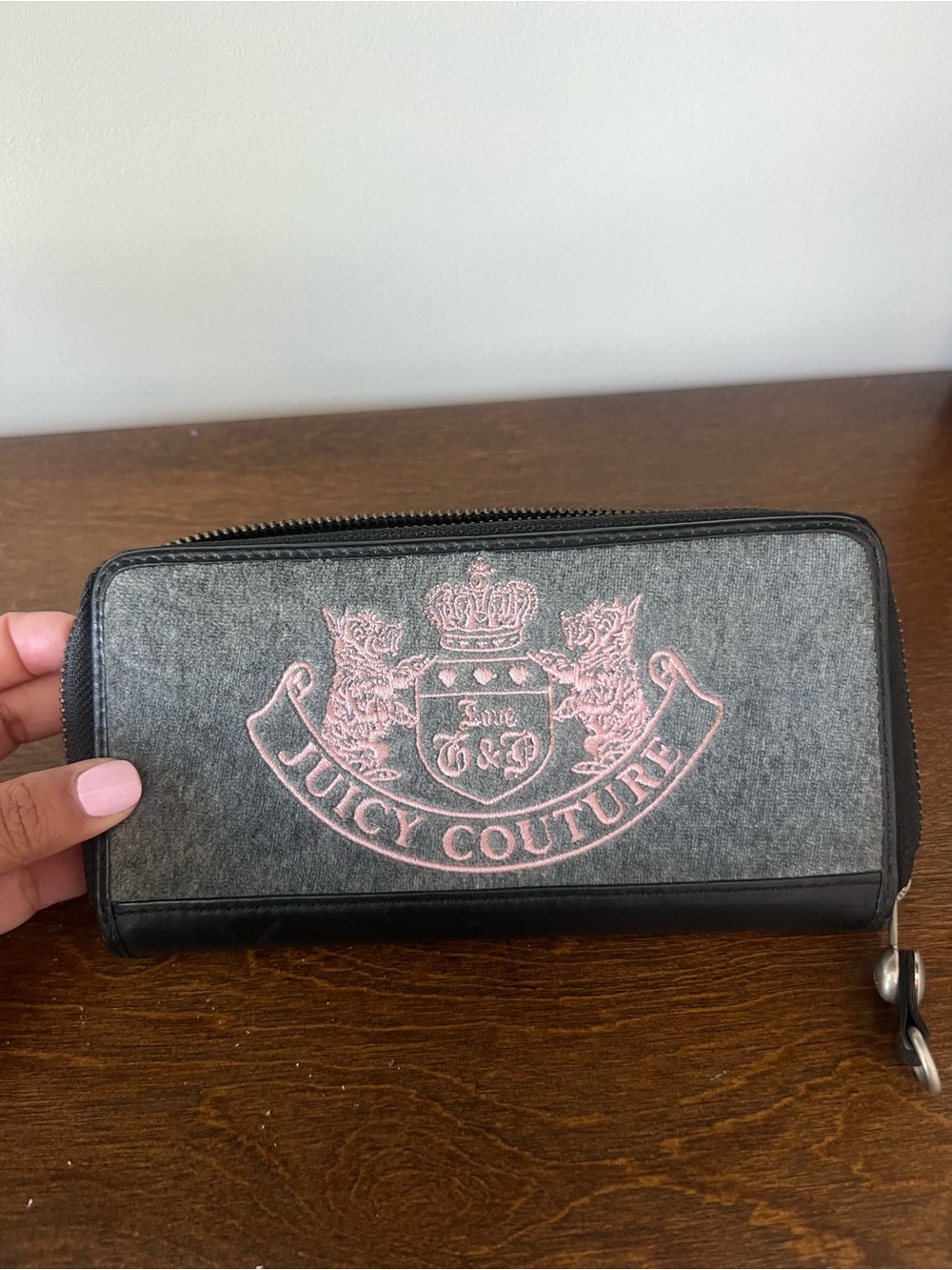 Juicy Couture Gray Wallet with Pink Crest Embroidery